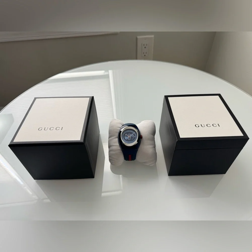 Gucci Swiss Made Stainless Steel Blue & Rubber Sport Watch NWT Boxed Monogram